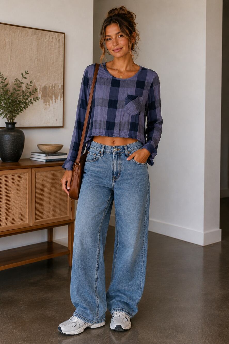 Cloth & Stone Blue Plaid Cropped Blouse Womens M Lace Up Back Casual Anthro Top
